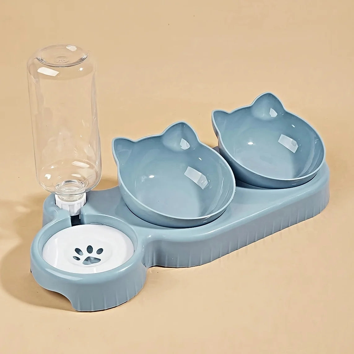 Conjunto de Comedouro e Bebedouro 3 em 1 para Gatos – Tigelas Inclinadas com Garrafa por Gravidade