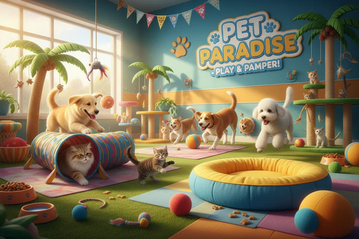 Cachorros e gatos brincando em ambiente alegre com brinquedos e acessórios para pets.