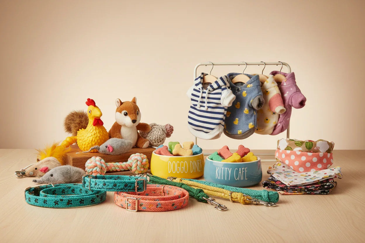 Acessórios para pets, com coleiras, roupinhas, brinquedos, potes de ração e gravatas coloridas.