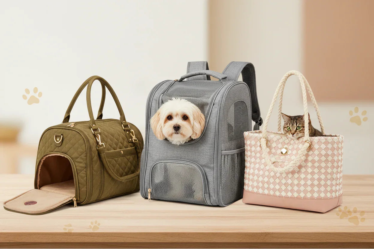 Bolsas e mochilas para transporte de pets, com cachorro e gato, sobre mesa de madeira.