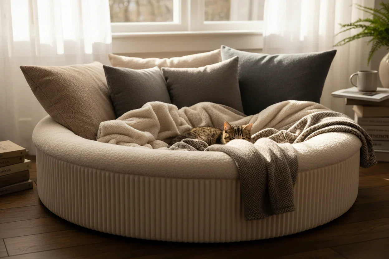 Cama de pet redonda com gato deitado, cobertor macio e almofadas, em ambiente aconchegante