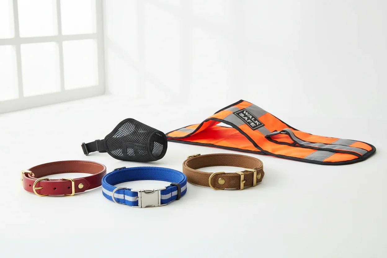 Coleiras para cães em couro e nylon, focinheira preta e colete refletivo laranja.