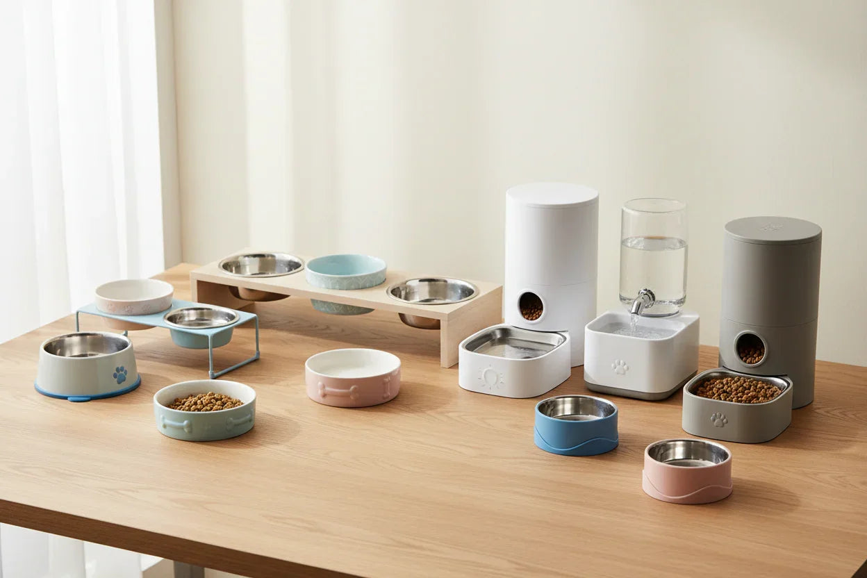 Comedouros e bebedouros para pets de diferentes modelos e cores sobre mesa de madeira.
