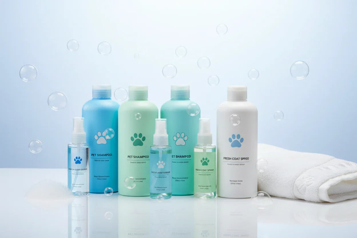 Produtos de higiene para pets, incluindo shampoos e sprays, com frascos coloridos e toalha ao fundo.