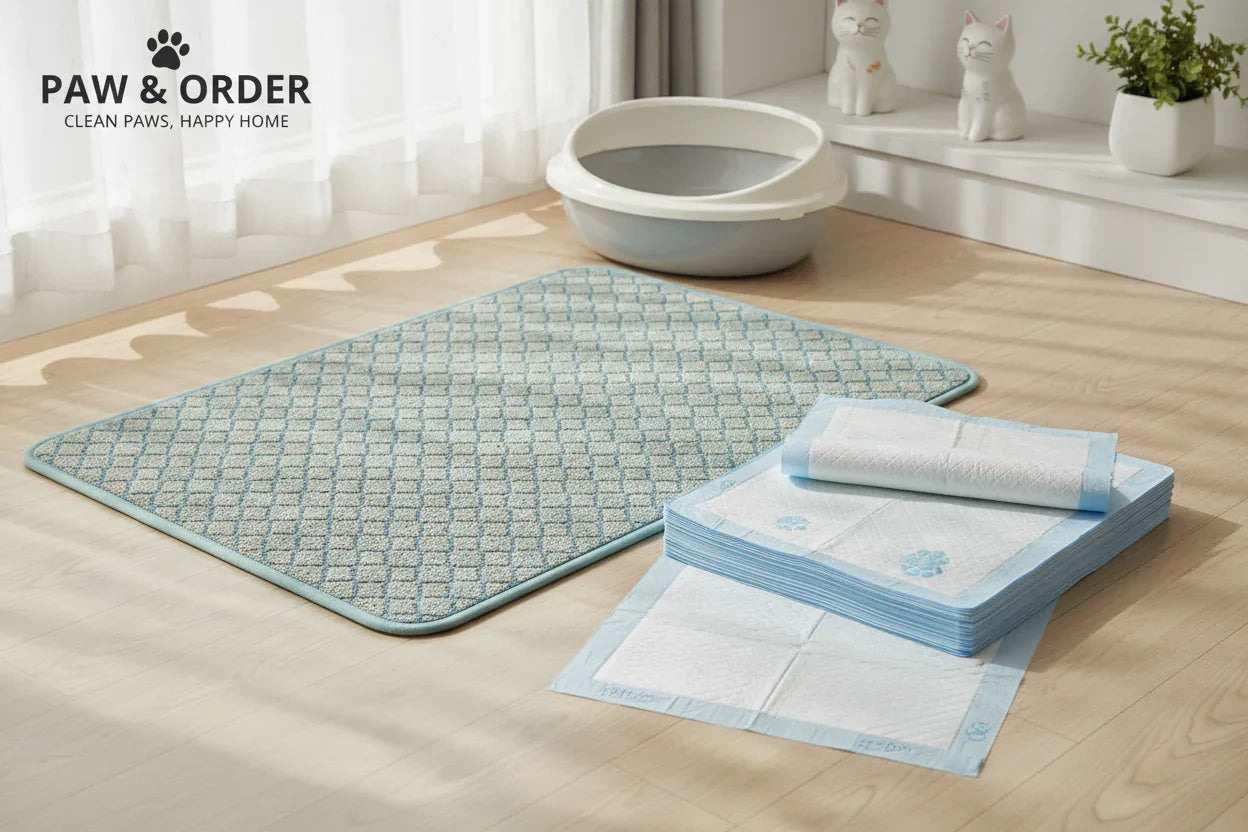 Tapete higiênico para pets, areia sanitária e acessórios para gatos em ambiente iluminado.