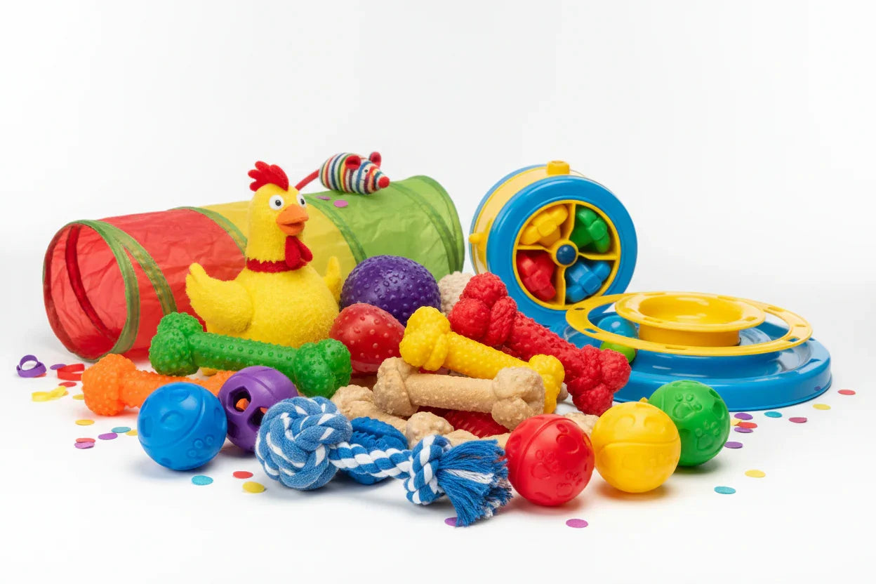 Brinquedos coloridos para pets, como ossos, bolas, corda e túnel, em fundo branco.