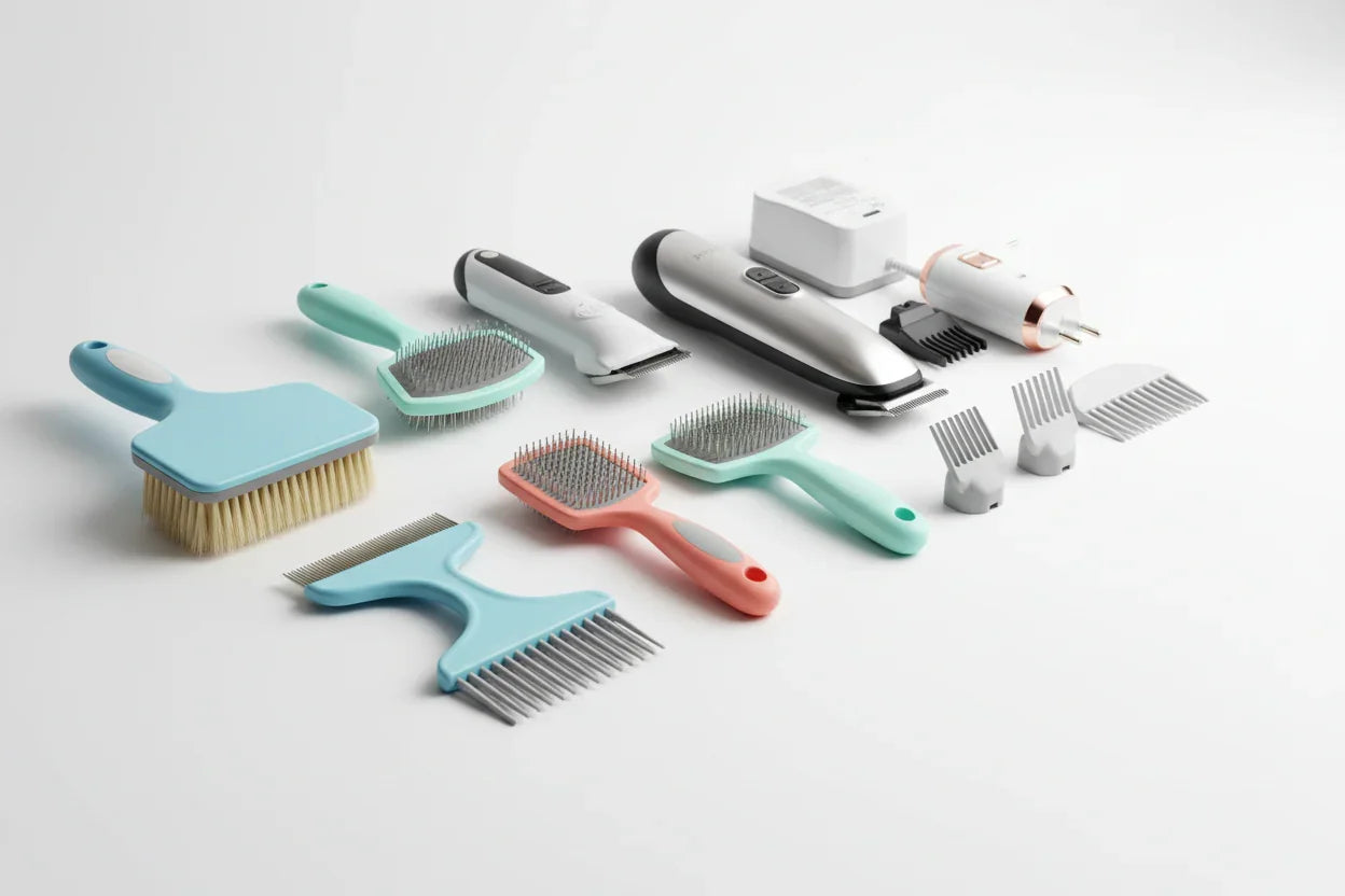 Escovas e aparadores para pet, incluindo pentes, escovas de cerdas e máquinas de tosa, em fundo branco.