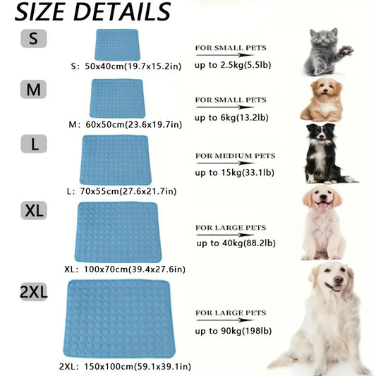 Tabela de tamanhos de tapete higiênico azul para pets, com imagens de gatos e cães de portes variados.