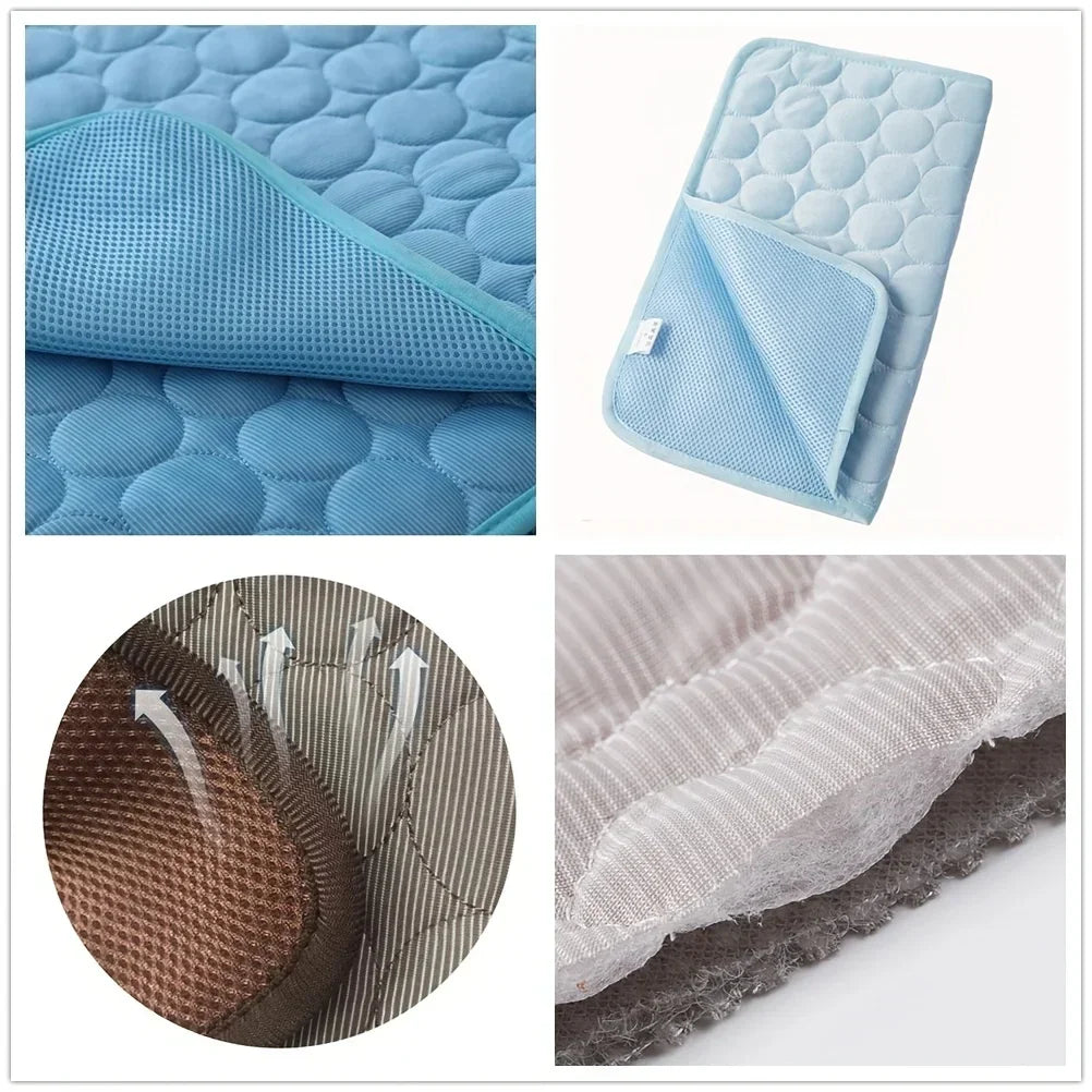 Tapete gelado para pets, com tecido azul e detalhes que mostram camada respirável e estrutura macia.