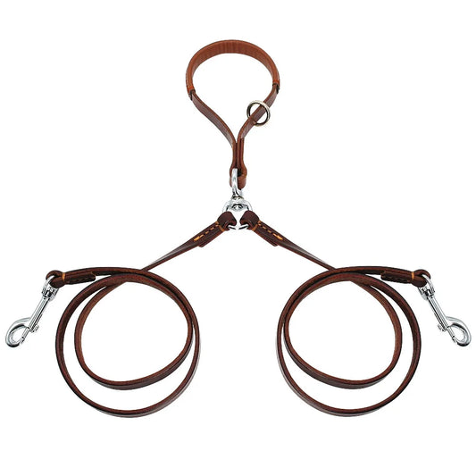 Guia Dupla para 2 Cães – Couro, Sem Enrosco, com Alça para Passeio e Adestramento