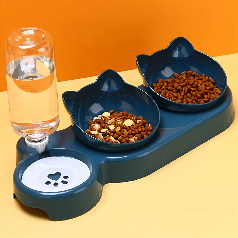 Conjunto de Comedouro e Bebedouro 3 em 1 para Gatos – Tigelas Inclinadas com Garrafa por Gravidade