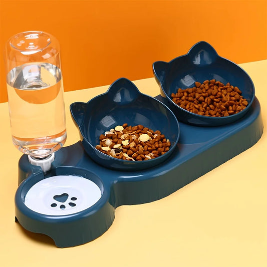 Conjunto de Comedouro e Bebedouro 3 em 1 para Gatos – Tigelas Inclinadas com Garrafa por Gravidade