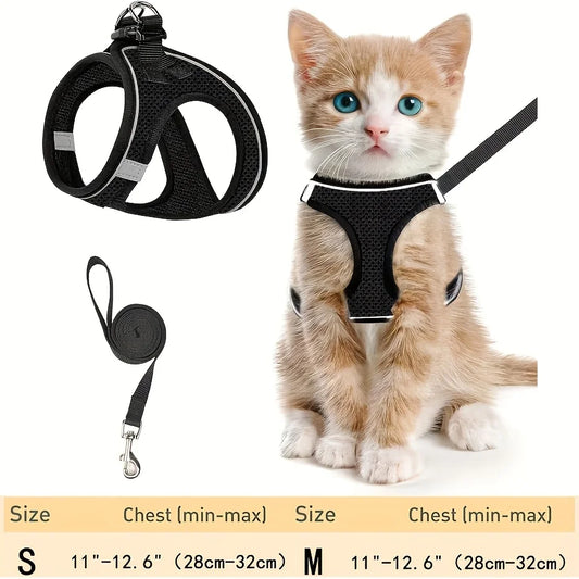 Conjunto Peitoral e Guia Ajustável para Cães e Gatos – Colete em Malha com Faixas Refletivas