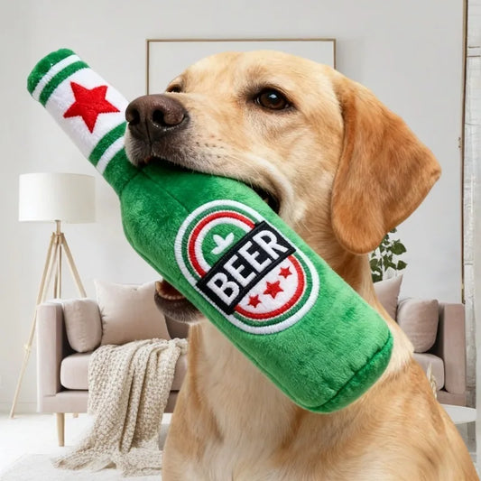 Brinquedo Garrafa de Cerveja Sonoro para Cães – Mordível, Durável, Filhotes e Adultos
