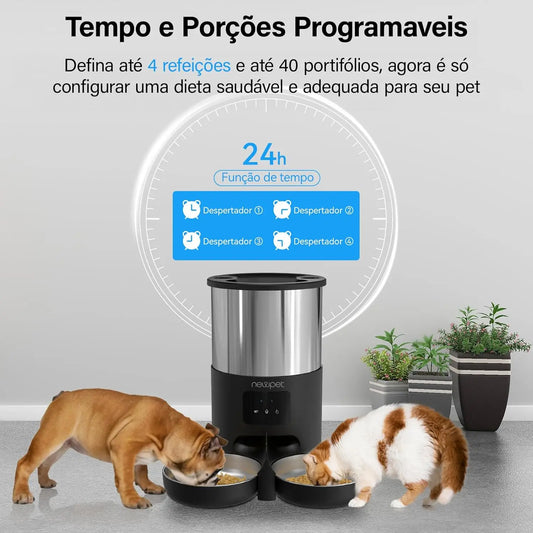 Comedouro Automático Inteligente 5L com Tigela de Aço Inox – Dupla Refeição via APP para Gatos e Cães