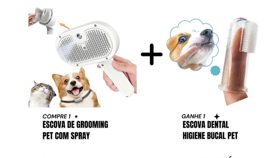 Kit Promo PetFeliz™ – Escova Grooming com Spray + Escova Dental GRÁTIS